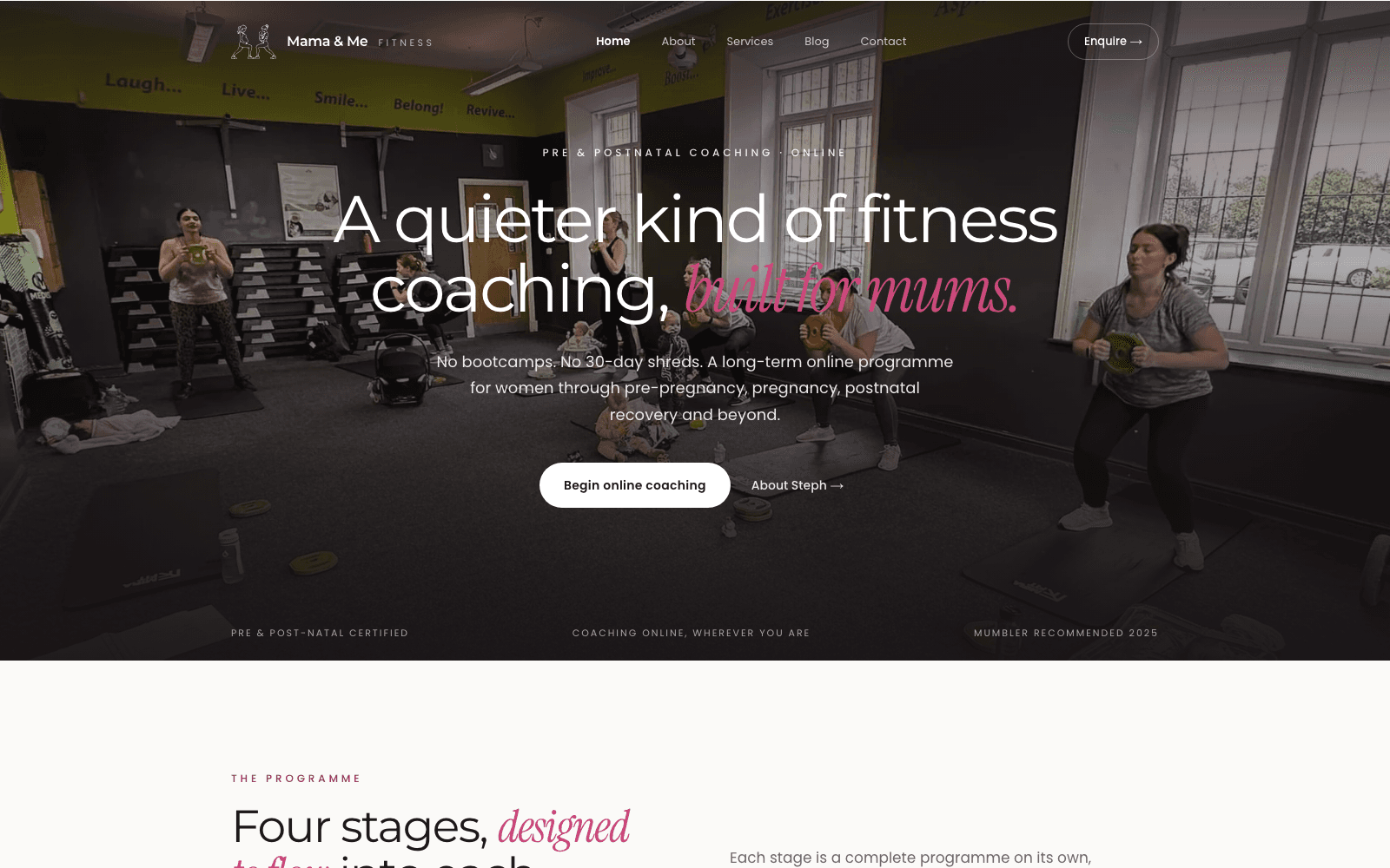 Screenshot of the Mama & Me Fitness website homepage